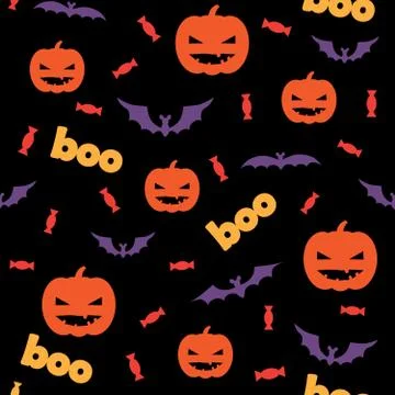 Seamless halloween pattern with pumpkins, candy and bats Stock Illustration
