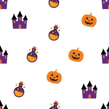 Seamless Halloween Pattern with Pumpkins Castles and Magic Potions. Stock Illustration