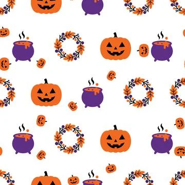 Seamless Halloween Pattern with Pumpkins Cauldrons and Autumn Wreaths. Stock Illustration