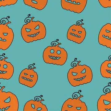 Seamless Halloween Pattern with Pumpkins on color background. Stock Illustration