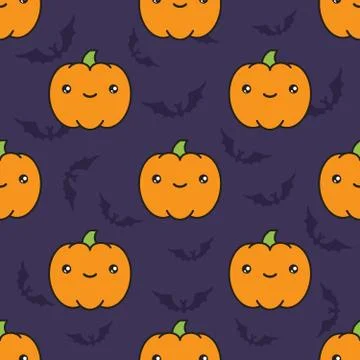 Seamless halloween pattern with pumpkins on dark violet background with Stock Illustration