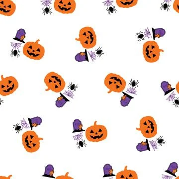 Seamless Halloween pattern with pumpkins, spiders, and witch hats on white .. Stock Illustration