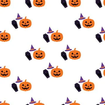 Seamless Halloween pattern with pumpkins, witch hats, and coffins on white .. Ilustração Stock