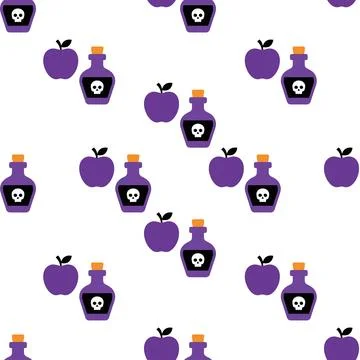 Seamless Halloween pattern with purple poison apples and skull bottles. Stockillustratie