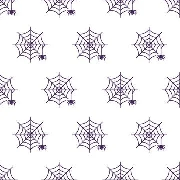 Seamless Halloween pattern with purple spider webs and cute spiders on whit.. Illustrazione stock