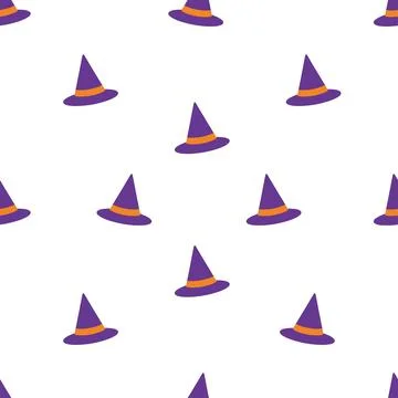 Seamless Halloween pattern with purple witch hats on white background. Illustrazione stock