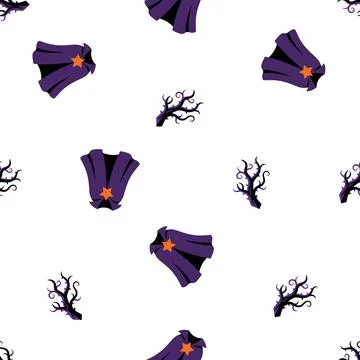Seamless Halloween Pattern with Purple Wizard Cloaks and Spooky Bare Trees. Stock Illustration