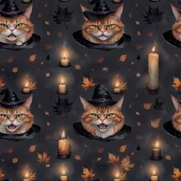 Seamless halloween pattern. Red cats in a witch hats, autumn leaves, candles. Stock Illustration