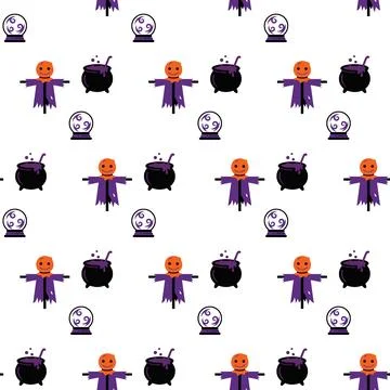 Seamless Halloween Pattern with Scarecrows Cauldrons and Crystal Balls. Stock Illustration