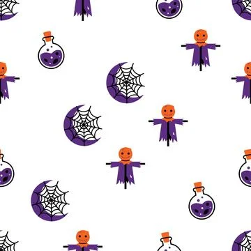 Seamless Halloween Pattern with Scarecrows Spiders Webs and Magic Potions. Illustrazione stock