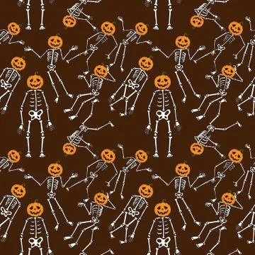 Seamless Halloween Pattern skeletons with pumpkins Stock Illustration