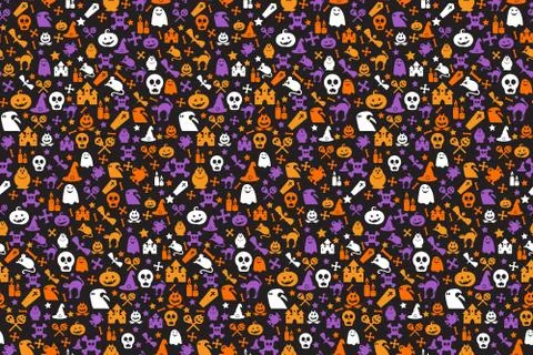 Seamless halloween pattern with skull, bat, ghosts Stock Illustration