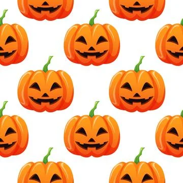 Seamless Halloween pattern with smiling carved pumpkin in cartoon style on white Stock Illustration