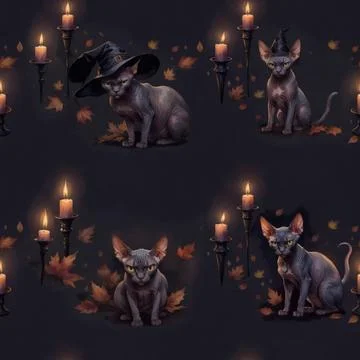 Seamless halloween pattern. Sphynx cats in a witch hats, autumn leaves, candles. Stock Illustration