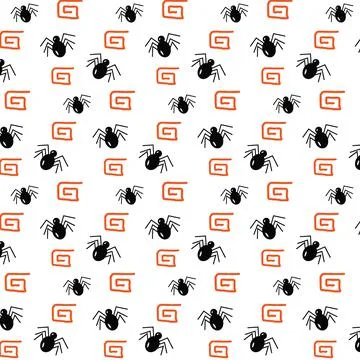 Seamless Halloween pattern of spiders and orange design elements. Repeating 스톡 일러스트