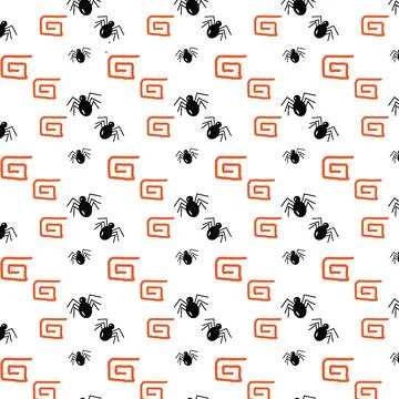 Seamless Halloween pattern of spiders and orange abstract design elements 스톡 일러스트
