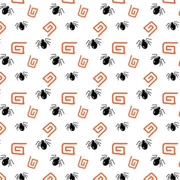 Seamless Halloween pattern of spiders and orange abstract design elements 스톡 일러스트