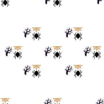 Seamless Halloween Pattern with Spiders and Bare Tree Silhouettes. Stockillustratie