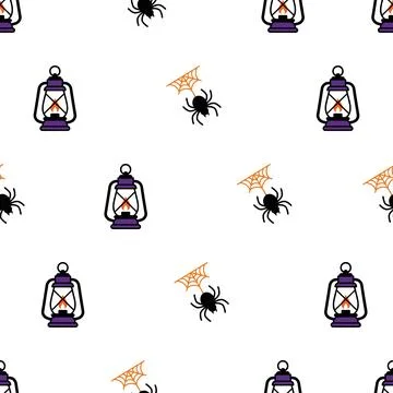 Seamless Halloween Pattern with Spiders and Lanterns. Stock Illustration
