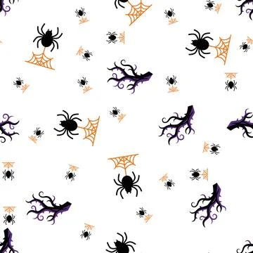 Seamless Halloween Pattern with Spiders Webs and Spooky Tree Branches. Stock Illustration