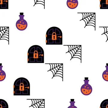 Seamless Halloween Pattern with Spooky Doors Potions and Spider Webs. Stock Illustration