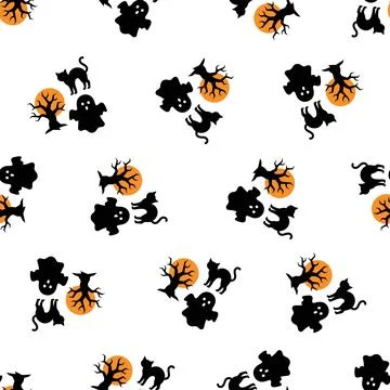 Seamless Halloween pattern with spooky ghosts cats and glowing moon trees. イラスト素材