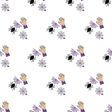 Seamless Halloween pattern with spooky hands, black spiders, and intricate .. Ilustración de archivo
