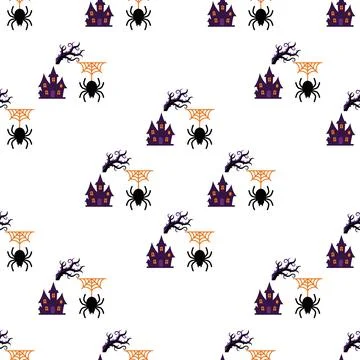 Seamless Halloween Pattern with Spooky Haunted Houses and Hanging Spiders. Stock Illustration