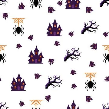 Seamless Halloween Pattern with Spooky Haunted Houses and Spiders. Stock Illustration