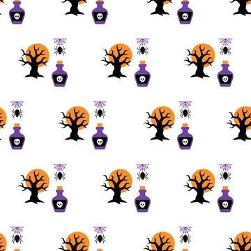 Seamless Halloween pattern with spooky potions trees and spiders on white b.. Stock Illustration