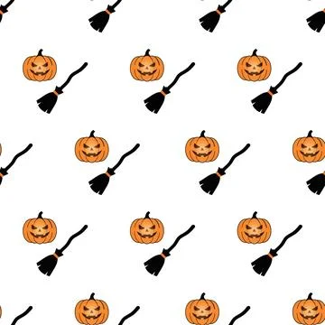Seamless Halloween pattern with spooky pumpkins and witch brooms. Ilustração Stock