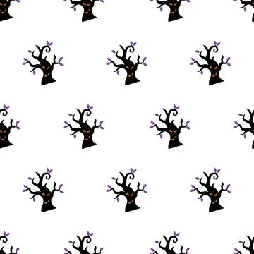 Seamless Halloween pattern with spooky scary monster trees on a white backg.. Stock Illustration