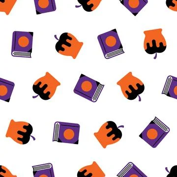 Seamless Halloween Pattern with Spooky Spell Books and Poison Apples. Stock Illustration