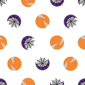 Seamless Halloween Pattern with Spooky Spider Webs and Orange Full Moons on.. Stock Illustration