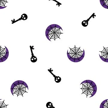 Seamless Halloween Pattern with Spooky Spider Webs and Skeleton Keys. Stock Illustration