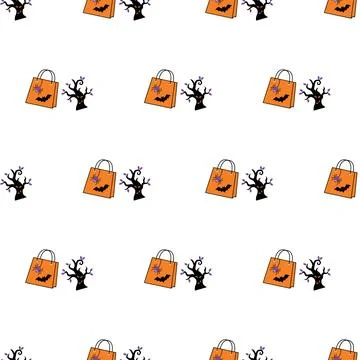 Seamless Halloween pattern with spooky trees and orange treat bags. Stock Illustration