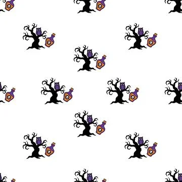 Seamless Halloween pattern with spooky trees owls and magic potion bottles .. Stock Illustration