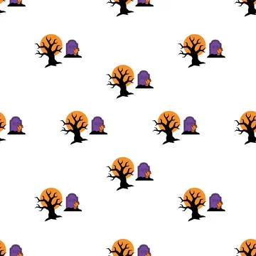 Seamless Halloween pattern with spooky trees tombstones and full moon on wh.. Stock Illustration