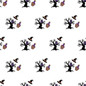 Seamless Halloween pattern with spooky trees, witch hats, and magic potions.. Stock Illustration