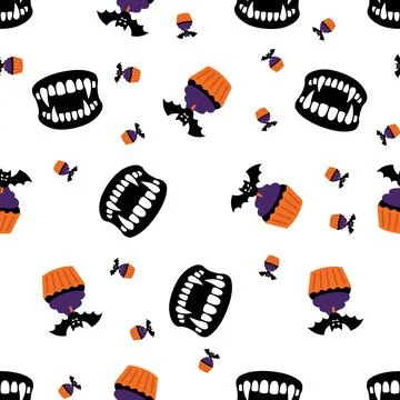 Seamless Halloween Pattern with Spooky Vampire Teeth and Cupcakes. Illustrazione stock