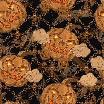 Seamless halloween pattern in steampunk style with copper halloween pumpkin, Stock Illustration