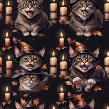 Seamless halloween pattern. Striped cats in a witch hats, autumn leaves. Illustrazione stock
