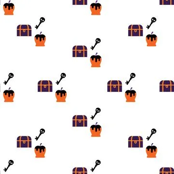 Seamless Halloween Pattern with Treasure Chests Keys and Caramel Apples. Stock Illustration
