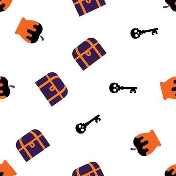 Seamless Halloween Pattern with Treasure Chests Skulls and Poison Apples. Stock Illustration