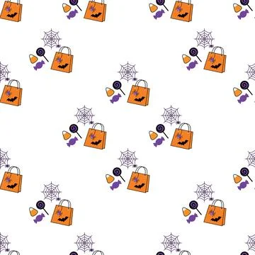 Seamless Halloween pattern with trick or treat bags candy and spider webs o.. Stock Illustration