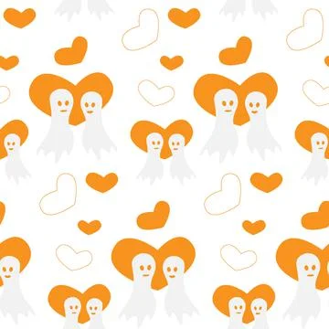 Seamless Halloween pattern with two ghosts in love and orange heart shapes in Stock Illustration