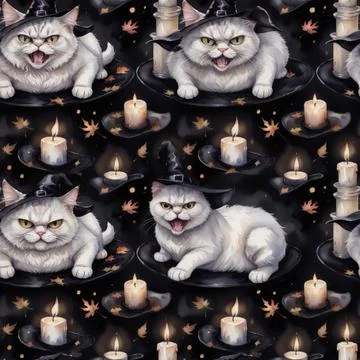 Seamless halloween pattern. White cats in a witch hats, autumn leaves, candles. Stock Illustration