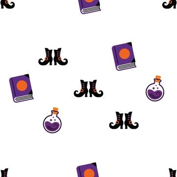 Seamless Halloween Pattern with Witch Boots Spell Books and Magic Potions. Stock Illustration