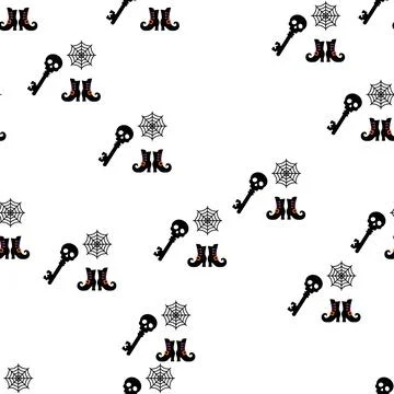 Seamless Halloween pattern with witch boots spider webs and skeleton keys. Stock Illustration