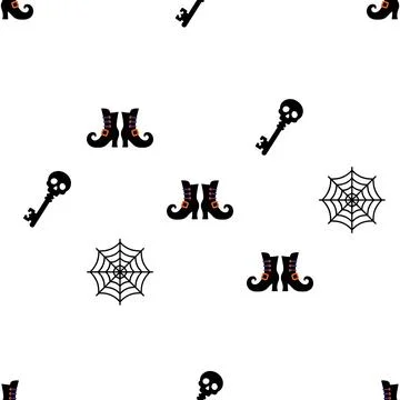 Seamless Halloween Pattern with Witch Boots Skulls and Spider Webs. Stock Illustration